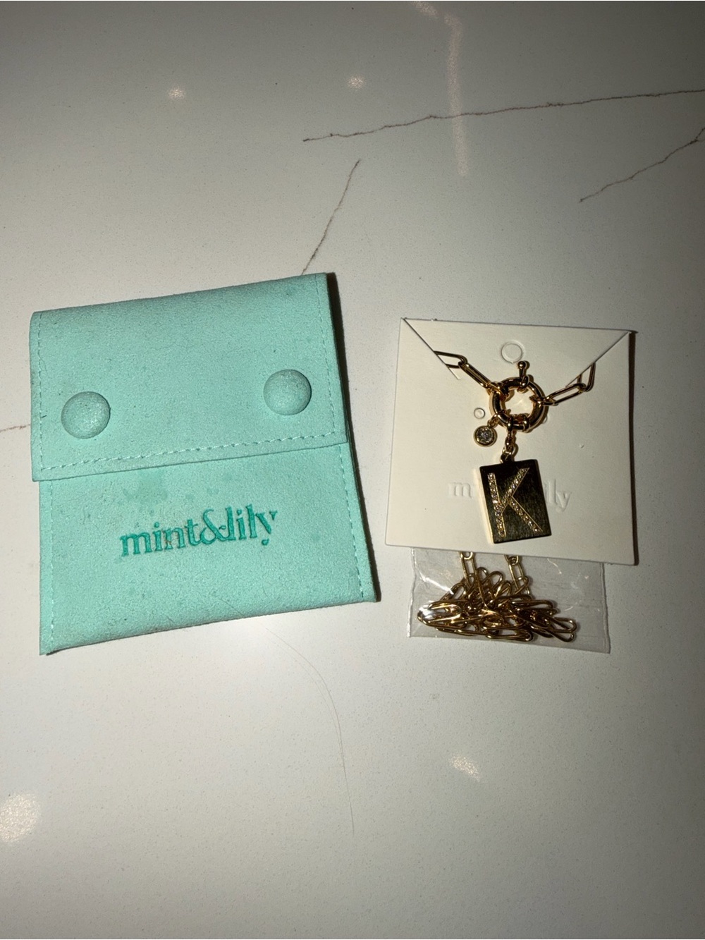 mint&lily Gold Initial K Pendant Necklace - Aqua Pouch Included